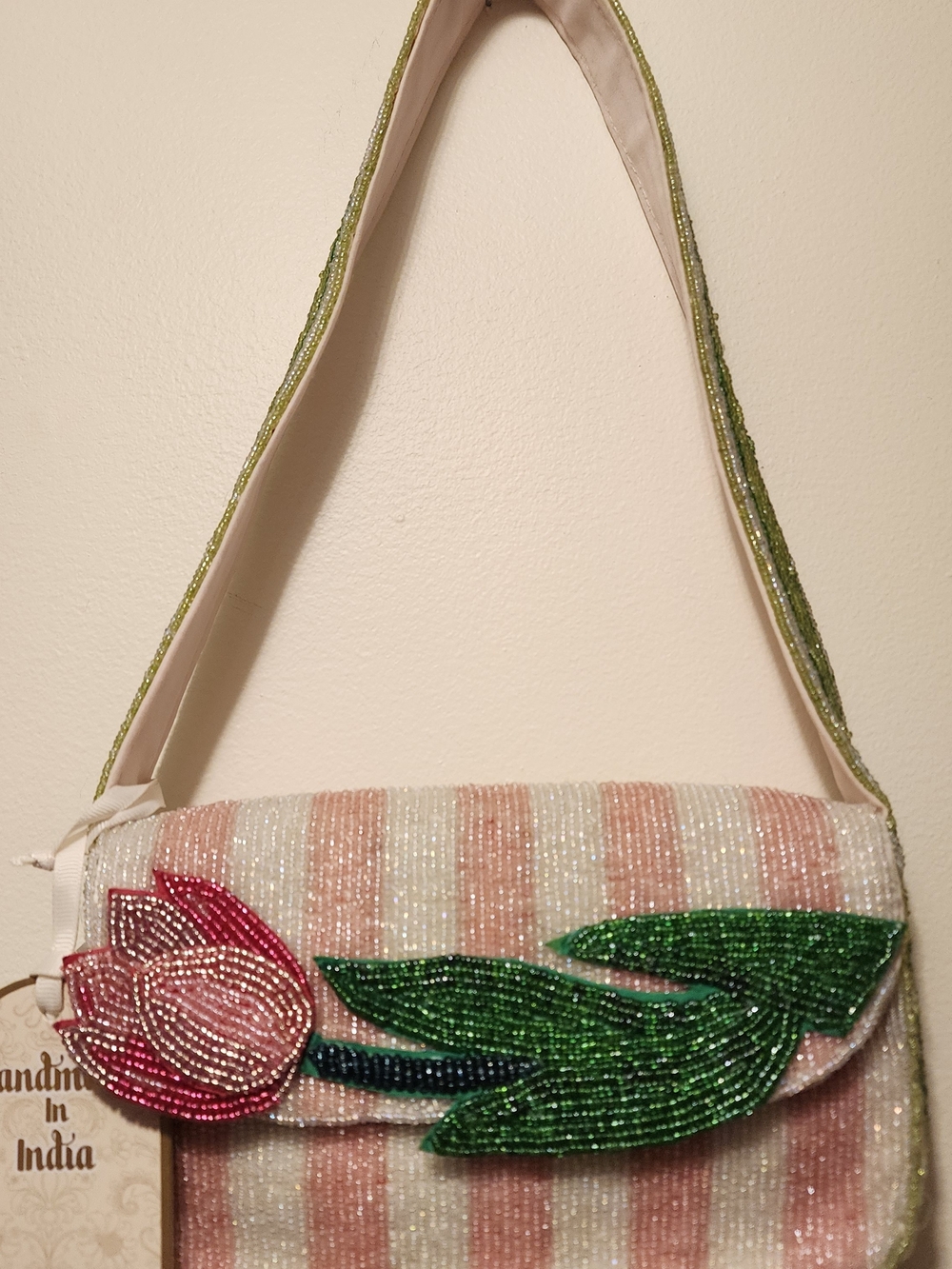 Beaded Pink Striped Floral Clutch Shoulder Bag